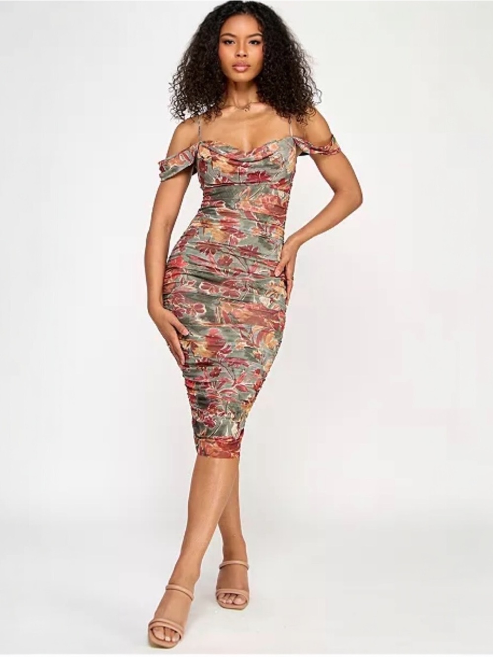Katie Rae Juniors ' Floral Off-Shoulder Ruched Mesh Midi Dress 22W